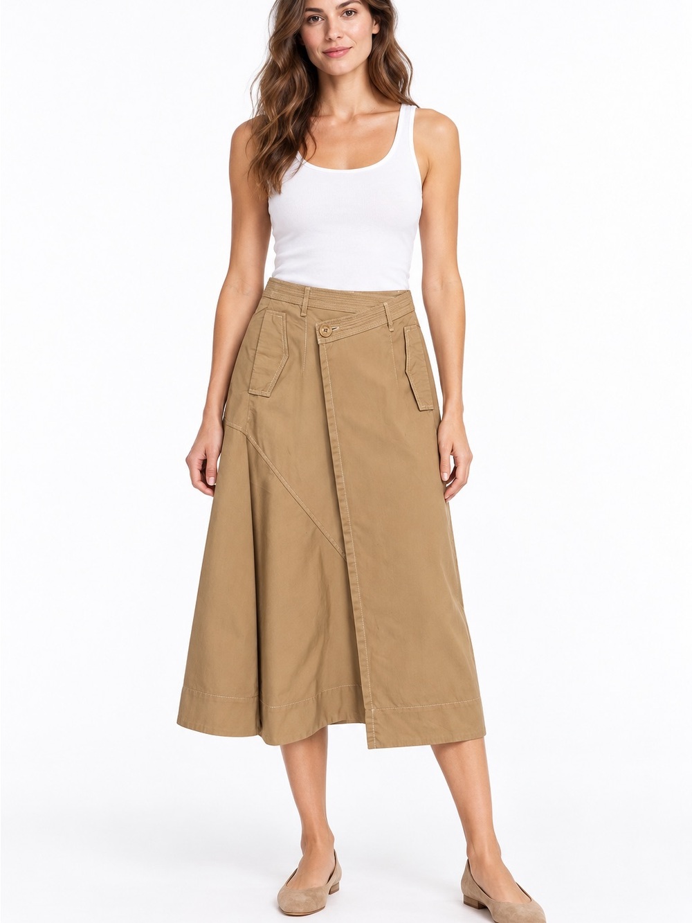 Zara SRPLS Khaki Cotton Asymmetric Wrap Midi Skirt Utility Cargo Size XS